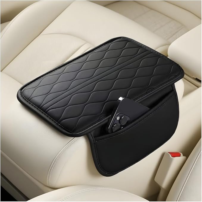 HZEL Car Center Console Cover, Scratch & Wear Resistant Soft Leather Vehicle Armrest Seat Box Cushion Pad with 2 Storage Bag, Waterproof Automotive Interior Protector, Universal Fit (Black)