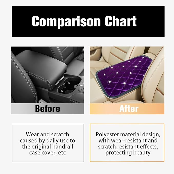 HZEL Bling Car Center Console Cover, Crystal Rhinestone Velvet Soft Vehicle Seat Armrest Box Protector Cushion, Comfortable Diamond Auto Arm Rest Mat Pad, Universal for Truck SUV Sedan (Purple)