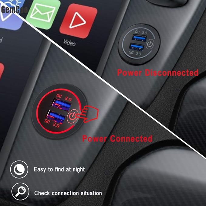 Quick Charge 3.0 Dual USB Car Charger Socket with Touch Switch 12V/24V 36W QC3.0 Dual USB Fast Charger Socket Power Outlet for Marine, Boat, Motorcycle, Truck, Golf Cart(Red)
