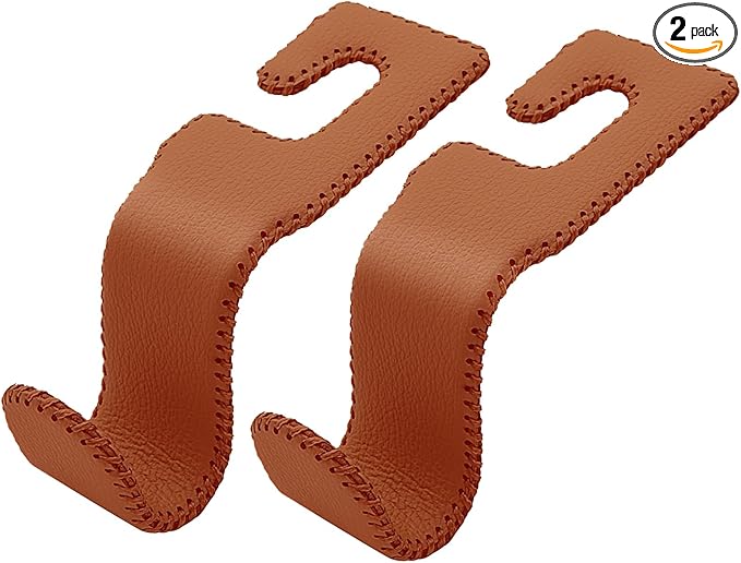 AMVOYOA Leather-Wrapped Car Headrest Hooks & Seat Back Organizer - 2 Pack U-Shaped Car Purse Holder for Bags, Coats, Handcrafted Stitching, Flexible Car Accessories for Women (Brown)