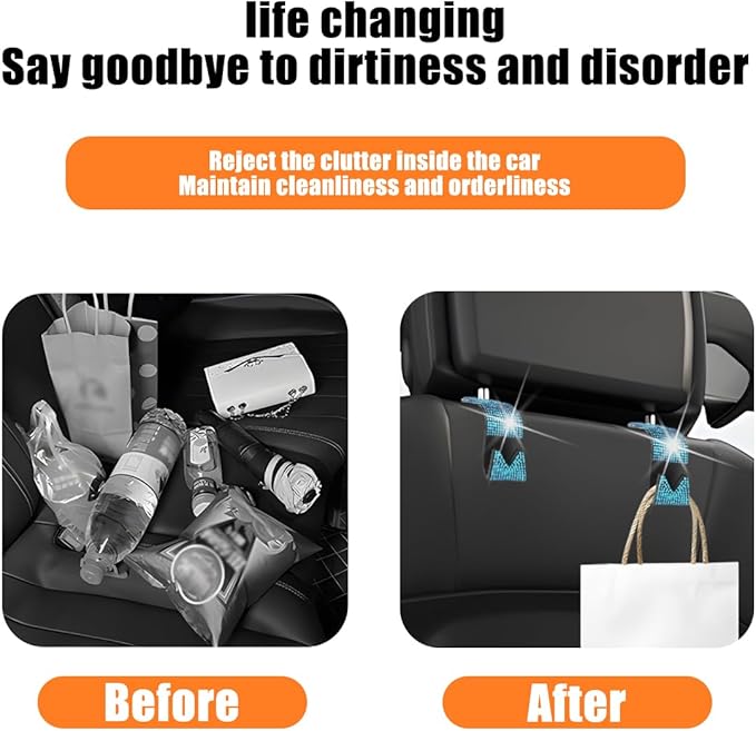 Bling Car Seat Headrest Hooks, 2PCS Crystal Rhinestone Vehicle Backseat Purse Holder for Handbags Coats Umbrellas, Diamond Auto Back Seat Storage Organizer Hanger, Universal Fit (Blue)