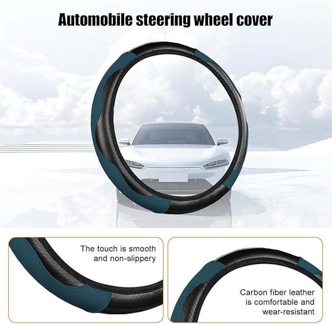 Carbon Fiber Car Steering Wheel Cover, 14.5-15 Inch Elastic Stretch Steering Wheel Guard, Sports Style Non-Slip Automotive Interior Accessories, Universal for Vehicles (Dark Green)