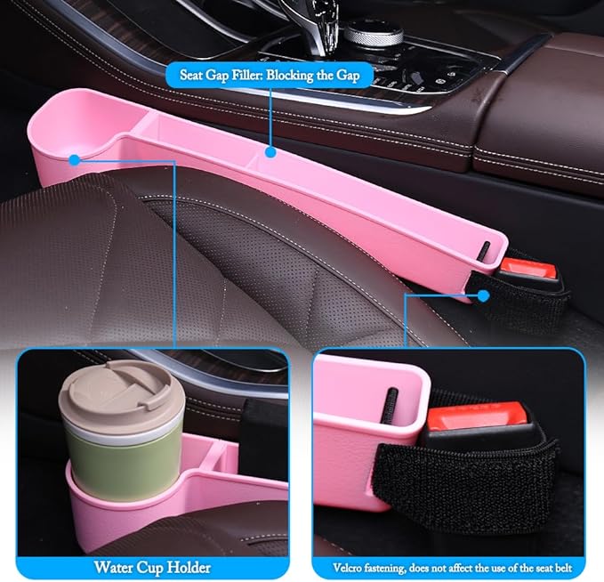Car Seat Gap Filler, Multifunctional Seat Side Gap Filler with Cup Holder & Organizer, Gap Stopper Universal Fit Car SUV Truck Fill The Gap Between Seat & Console Set of 2 (Pink)