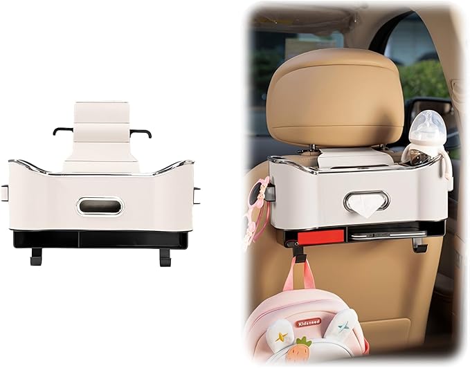 Multifunctional Car Backseat Organizer with Cup Holder, Tissue Box, Trash Bin & Hooks, 3-in-1 Back Seat Car Organizer for Hold Phones, Snacks, Drinks, and Handbags (Original Model - Off-White)