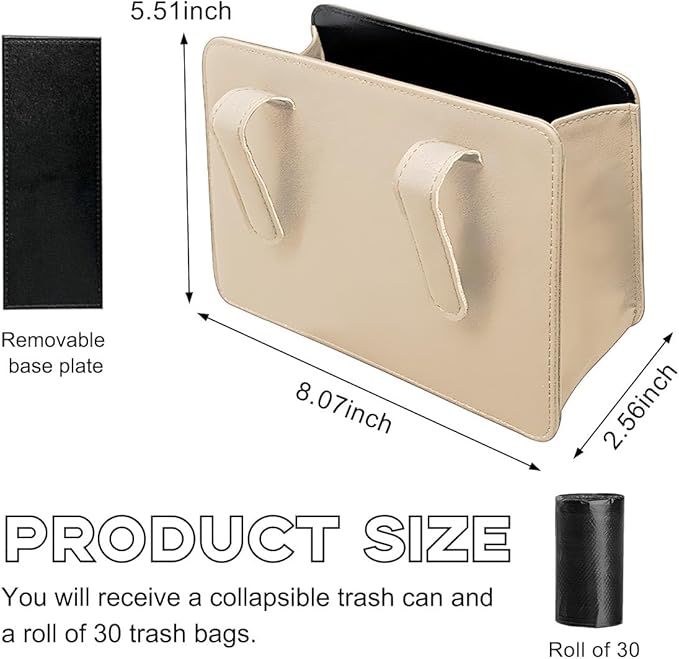 Car Trash Can, Foldable Waterproof Leather Car Garbage Organizer Holder, Automotive Mini Dustbin Container with One Roll Trash Bag, Universal Interior Car Accessories (Beige)