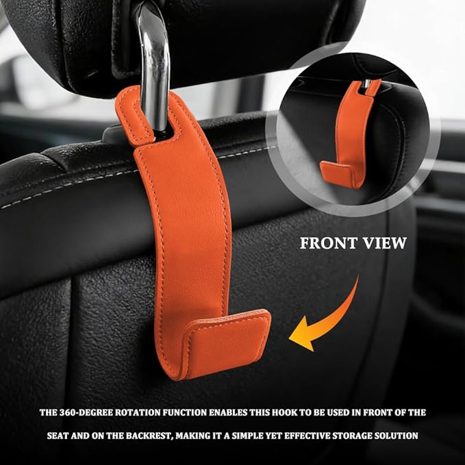 2PCS Purse Holder for Car, Purse Hook for Car, Leather Headrest Hooks for Automotive Back Seat, Auto Accessories Back Seat Organizer Hook for Grocery Bag Handbag Coat (Orange, 2PCS)