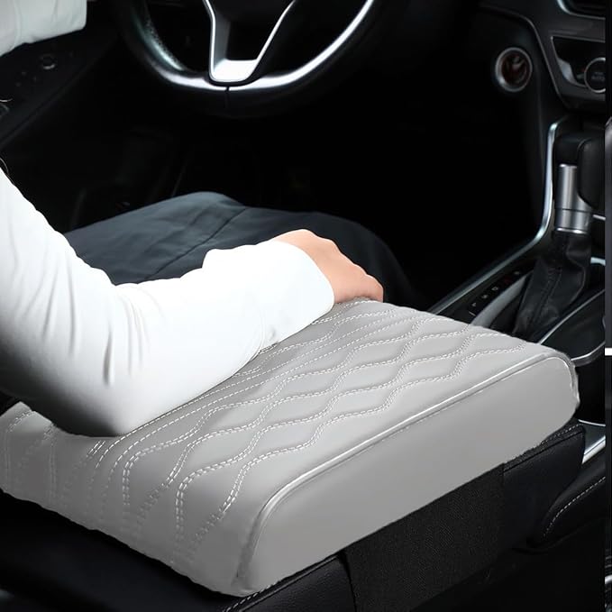 BODLYL Car Center Console Cover, Memory Foam Car Armrest Cushion, Beige Auto Arm Rest Pad, Leather Arm Rest Covering Car, Hand Rest Pillow for SUV/Truck/Vehicle (Gray)