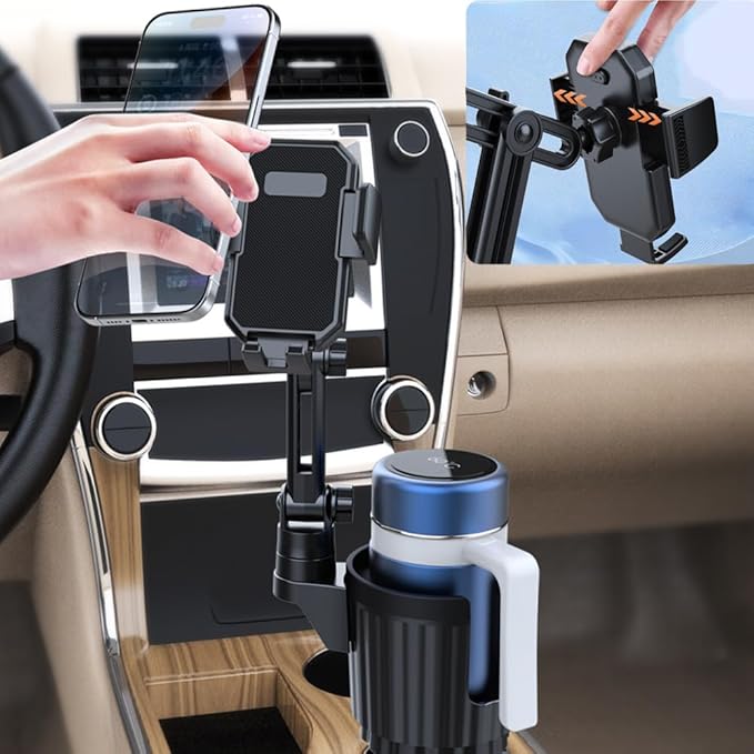 Car Cup Holder Expander 40oz with 360° Rotation Cell Phone Holder, Adjustable Base Fits Most Cup Holder and Phones, Compatible for Stanley Hydro Flask Yeti Nalgene