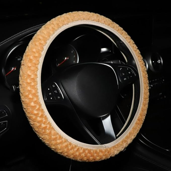 15 Inch Soft Dot Plush Steering Wheel Cover Anti-Slip Comfortable Winter Grip Universal Fit for Most Car Truck Vehicle SUV (Yellow)