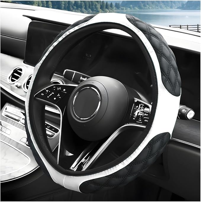 Car Steering Wheel Cover, 15 Inches Leather Steering Wheel Protector with Non-Slip Grip, Universal Wheel Covers Interior Decoration for Sedens Trucks SUVs, Car Accessories (White)