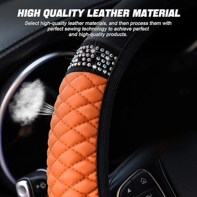 Leather Car Steering Wheel Cover, 15 Inch Colorful Rhinestones Elastic Auto Steering Wheel Protector, Bling Steering Wheel Cover for Women Men, Car Accessories for Cars, Vehicles, SUVs (Orange)