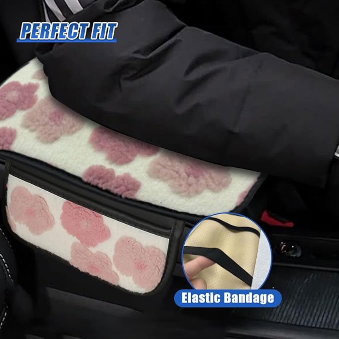 Car Center Console Cover, Soft Fluffy Car Armrest Seat Box Cushion Pad with 2 Storage Bags, Universal Vehicle Interior Protector Accessories for Most Sedans, SUVs, Trucks (Pink)