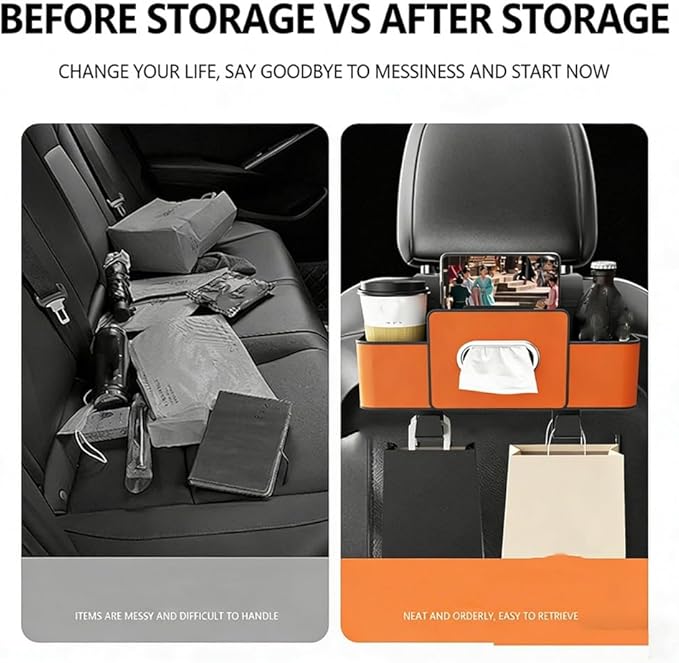 Car Organizers and Storage Box, Car Organizer Storage Box Back Seat, Multifunctional 3-in-1 Cars Organizer with Tissue, Tissue Boxs and Storages Hook, for Hold Phone, Drinks, Handbag (Beige)