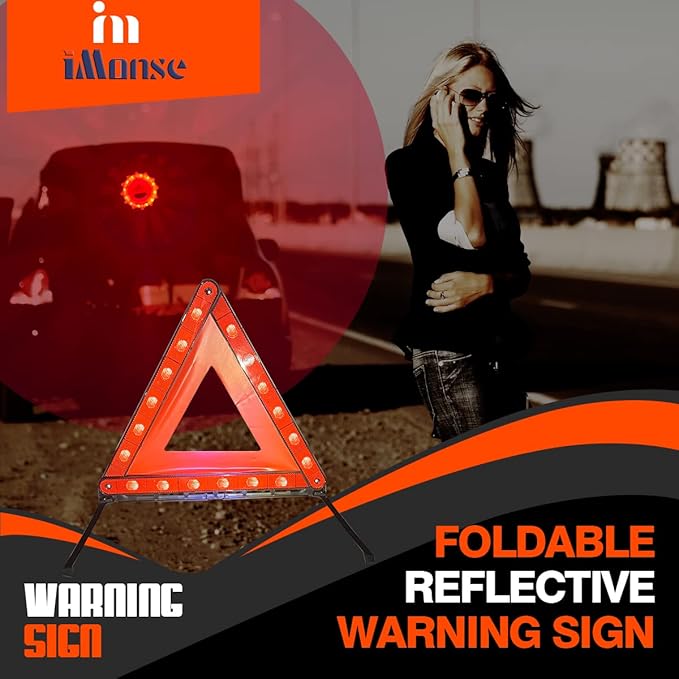 iMonse Warning Safety Triangle Kit, Emergency Roadside Warning Reflective Triangle 3 Packs with 2 LED Road Flare Light, Foldable with Storage Case for Roadside Breakdowns Emergenc