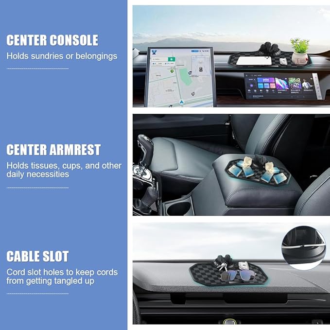 NHHEO Car Anti Slip Mat Dashboard Tray Decorations Sticky Pad Multi Functional Thickened and Widened Washable with 360° Rotating Universal Phone Pad Holder+Number Plate(Black&Gray)