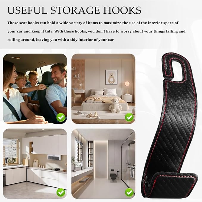 2PCS Purse Holder for Car, Purse Hook for Car, Leather Headrest Hooks for Automotive Back Seat, Auto Accessories Back Seat Organizer Hook for Grocery Bag Handbag Coat (Carbon Fiber, 2PCS)