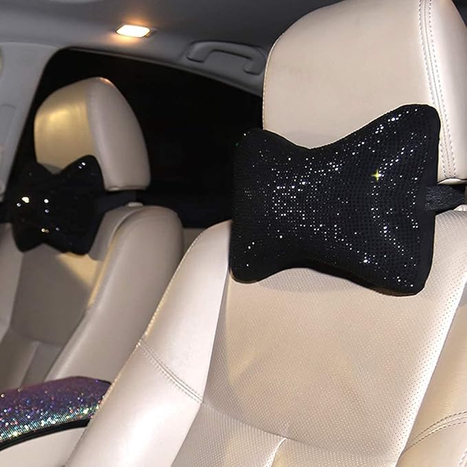 2Pcs Neck Rest for Car Neck Pillow for Driver, Auto Seat Headrest Cushion Driving Relax Necksupport Black Diamonds Bling Car Accessories for Women Men High Grade