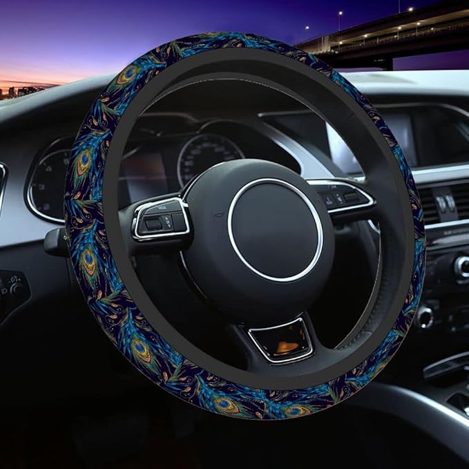 Swono Peacock Feather Steering Wheel Cushion Case Beautiful Blue and Green Peacock Feathers Neoprene Car Steering Wheel Covers 15 Inch Anti Slip Compatible Auto Car Wrap Cover for Men Women