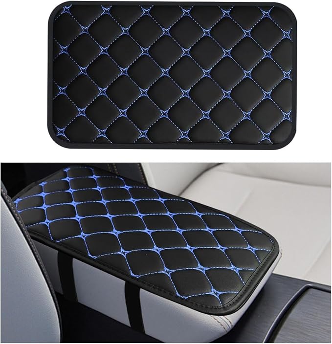 Car Center Console Cushion Pad, Comfortable PU Leather Vehicle Armrest Seat Box Cover, Waterproof Automotive Interior Arm Rest Protector Accessories, Universal Fit (Black/Blue)