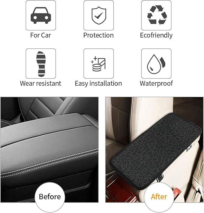 DORKEIXIA Black Leopard Cheetah Print Animal Skin Print Auto Center Console Armrest Pad Universal Car Center Console Cover Seat Box Cover for Sedan, Van, SUV, Truck Car Accessorie