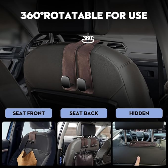 NHHEO Car Purse Hook for Headrest, Car Seat Back Storage Hook Bendable Leather Universal Vehicle Car Bag Hooks(Brown)