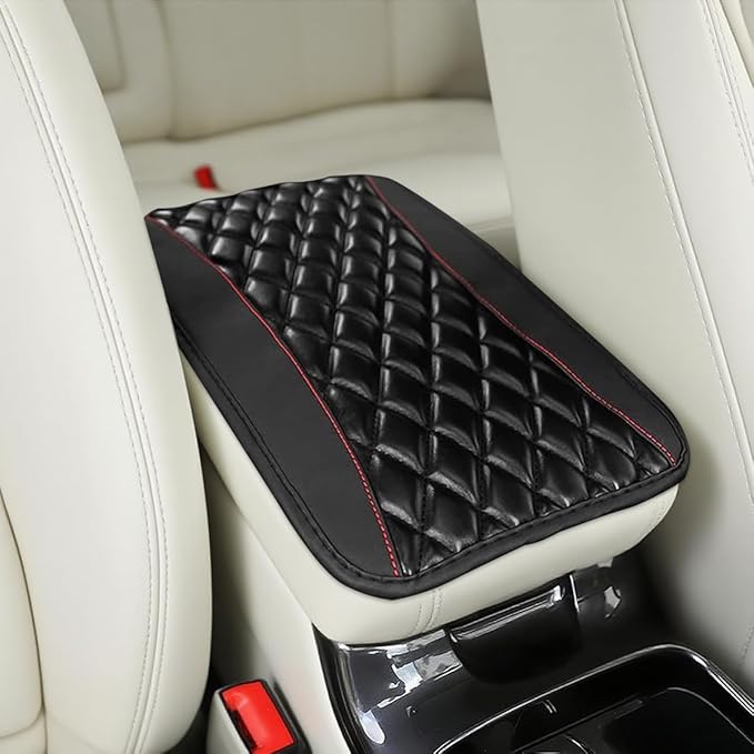 Car Center Console Cover, Comfortable PU Leather Vehicle Armrest Storage Box Cushion Pad, Anti-Scratch Automotive Interior Arm Rest Cover Protector, Universal for Truck SUV Sedan (Black)
