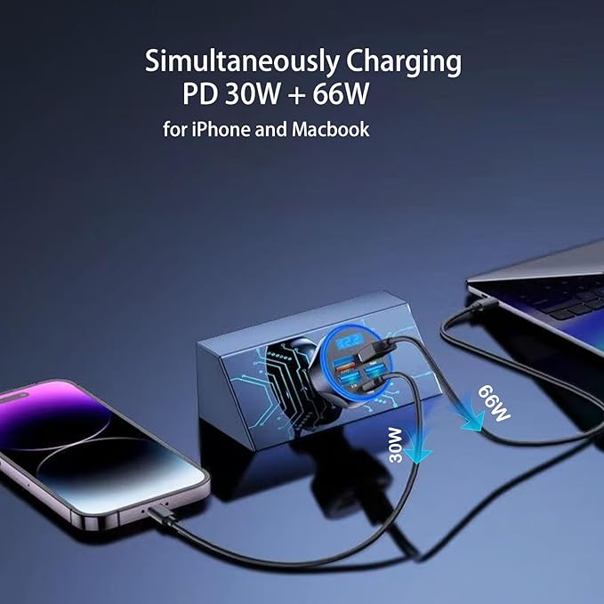Full PD 30W Multi Port USB C Car Charger Adapter 5 in 1 with Voltage Display, PD4.0/QC4.0/PPS/AFC Super Fast Charging Cigarette Lighter Adapter with Volt Meter for MacBook iPhone Galaxy Android Phones