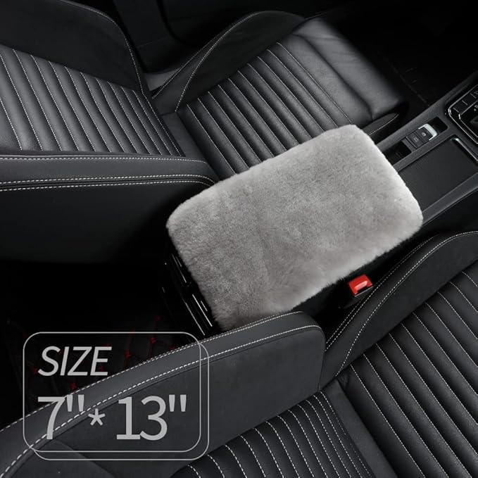 IRIWOOL Sheepskin Armrest Cover Auto Center Armrest Cover Car Soft Console Pad, Fluffy Wool Auto Center Console Cover for Most Car Arm Rest Decoration Protector 7 x 13 Inch (Shearling, Light Gray)