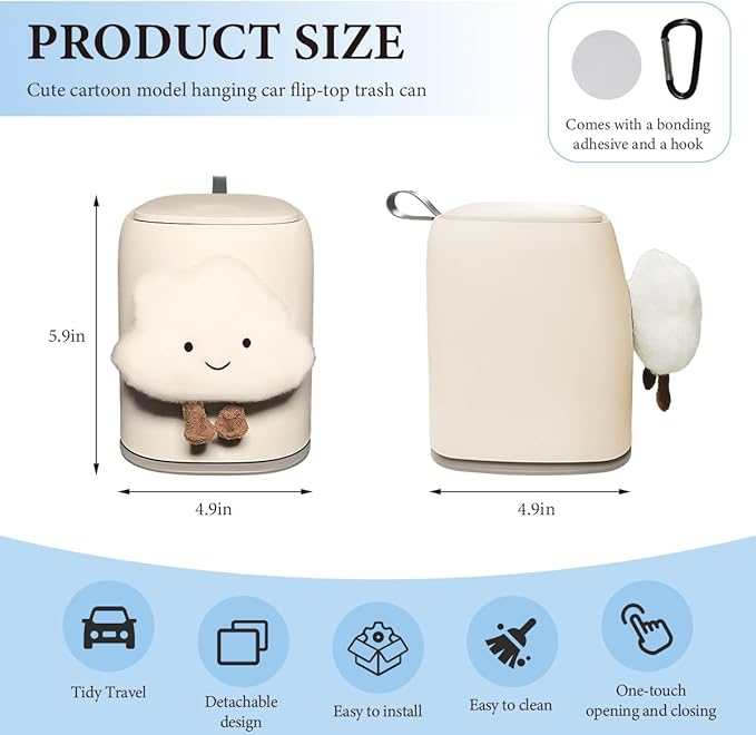 Car Trash Can Bin with Lid, Leakproof Cute Cartoon Style Hanging Car Flip Lid Trash Can, Detachable Garbage Bin Organizer Storage for Car Truck SUV Sedan, Car Accessories (Smile Cloud)