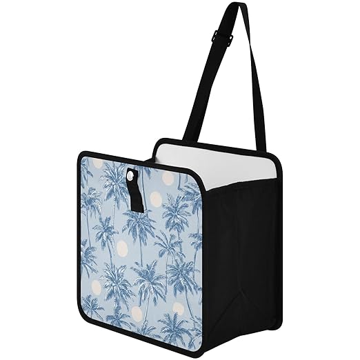 Car Trash Can Organizer Bin with Adjustable Strap for Back Front Seat Console Waterproof Leakproof Collapsible Portable 11 Inch Light Blue Palm Trees and Sun