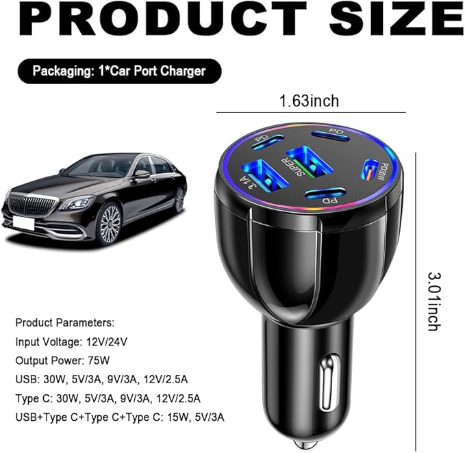 6 Port Car Charger USB C & USB A,75W Ultra-Fast Car Charger Adapter with Super/PD30W/PD/3.1A,Universal 12V/24V Cars Lighter USBs Adapter Cars Ports Chargers for Phone,Tablet