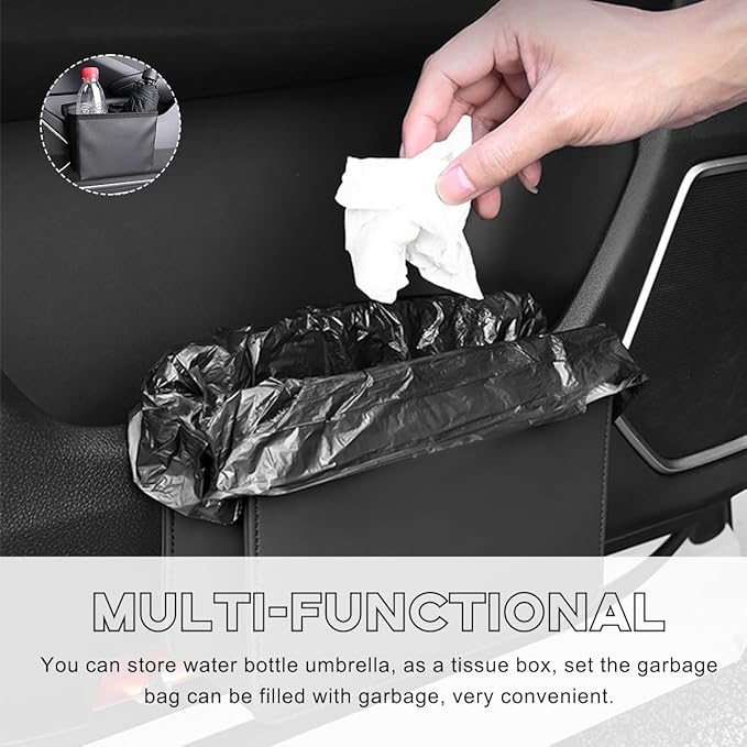 Car Trash Can, Foldable Waterproof Leather Car Garbage Organizer Holder, Automotive Mini Dustbin Container with One Roll Trash Bag, Universal Interior Car Accessories (Dark Brown)