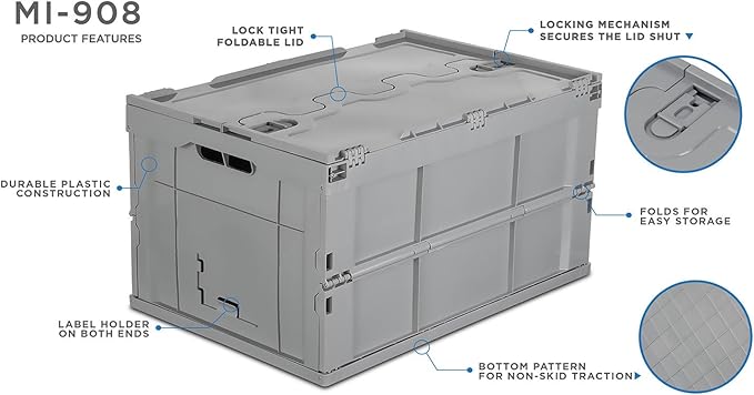 Mount-It! Collapsible Plastic Storage Crate, Folding and Stackable Utility Distribution Container with Attached Lid, 65L Liter Capacity, Pack of 1