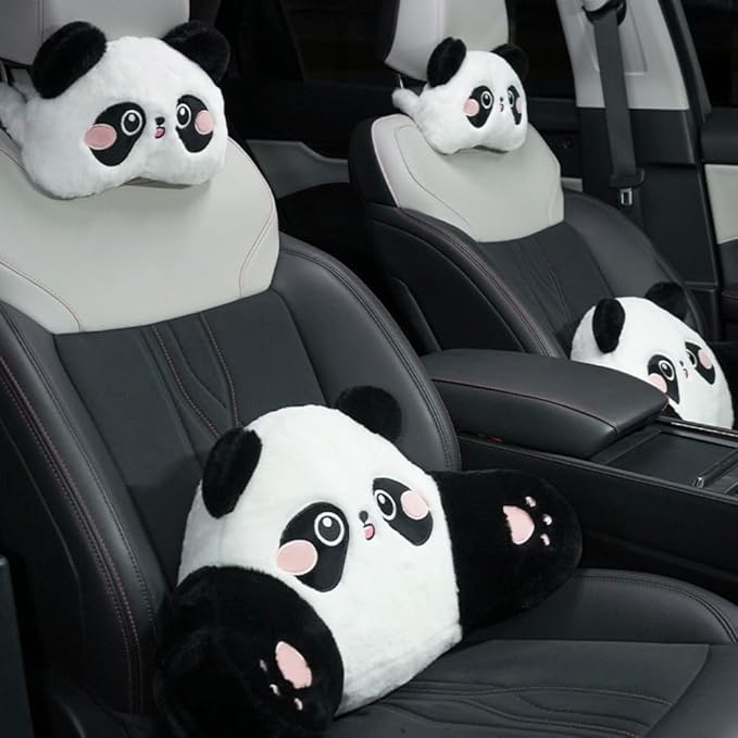 Cute Panda Car Pillow – Plush Neck Support & Lumbar Cushion, Soft Rabbit Fur Material for Headrest & Back Seat Comfort(Set of 2)