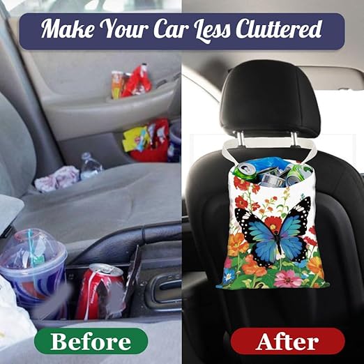 Butterfly Flower Field Print Car Trash Bag Portable Hanging Garbage Bag with Snap Buttons Back Seat Rubbish Storage Dustbin for Women Man Car Interior Accessories Kitchen Home Travel