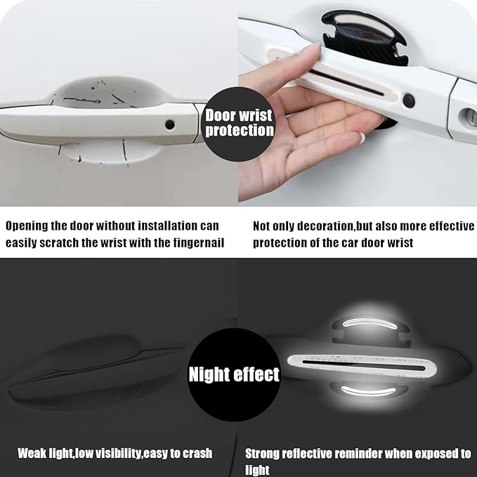8Pcs Car Door Handle Protector Reflective Sticker,3D Carbon Fiber Universal Door Handle Scratch Protector Cover,Self-Adhesive & Non-Marking,Paint Guard Protective Films (White)