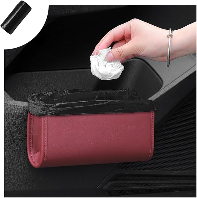 Car Trash Can, Foldable Small Hanging Trash Bin Waterproof Car Door Organizer, Multi-Function Leather Garbage Bag Mini Storage Can for Vehicle Back Seat & Side Door (Wine Red)