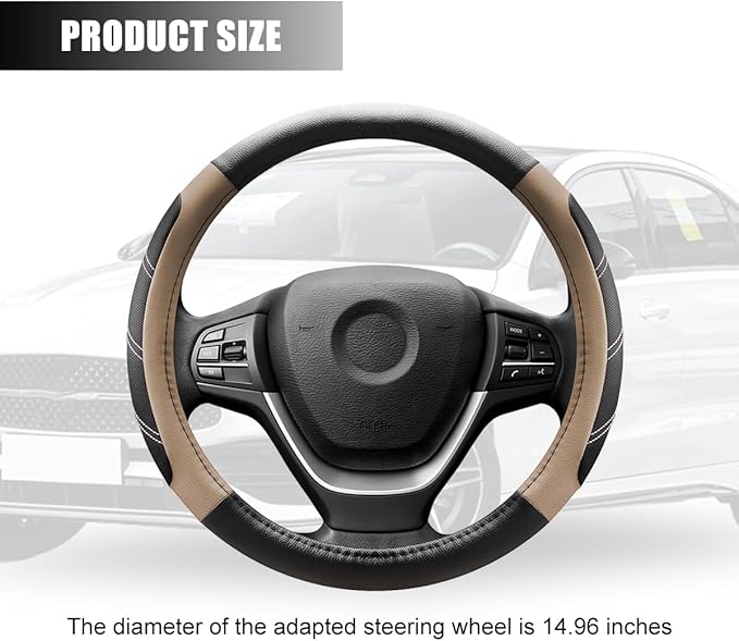 Car Steering Wheel Cover, 15 Inch Carbon Fiber Leather Non-Slip Steering Wheel Protector with Lining, Breathable Automotive Interior Accessories, Universal for SUV RV Truck (Beige)