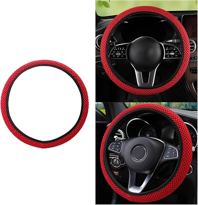 Stretch Elastic Steering Wheel Cover, All-Season Comfort, Warm in Winter & Cool in Summer, Universal 15 Inch Microfiber Breathable Ice Silk, Anti-Slip, Odorless, Easy Carry, Fit Car, SUV (Red)
