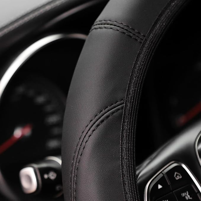 Car Steering Wheel Cover, Leather Elastic No Inner Ring Vehicle Steering Wheel Protector for 14.5-15Inch, Anti Slip Auto Interior Protection Accessories, Universal for SUV Sedan Truck (Black)
