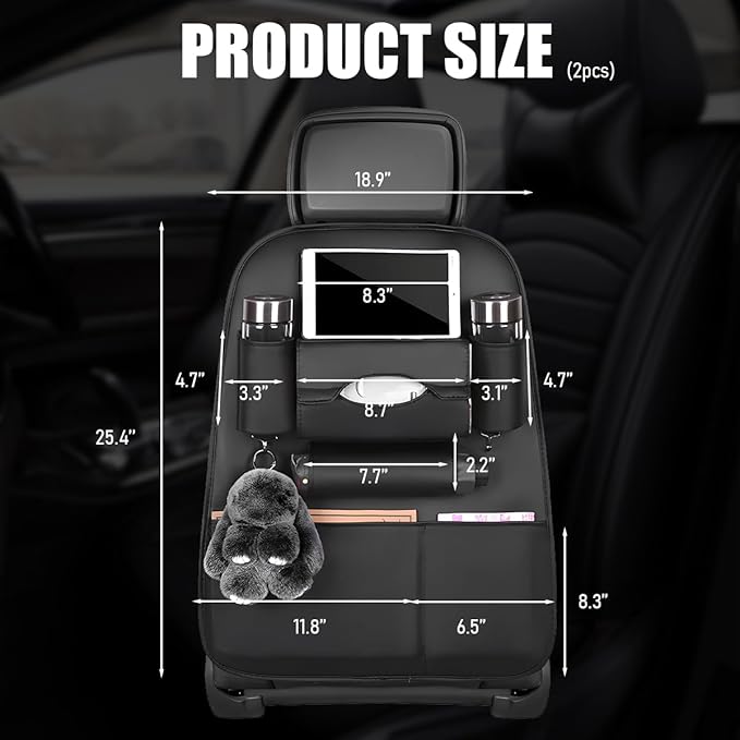 2PCS Car Seatback Organizer, Waterproof Leather Seat Back Storage with Cup Holder Tissue Holder Multiple Pockets, Back Seat Protector Kick Mats for Kids, Travel Accessories (Black)