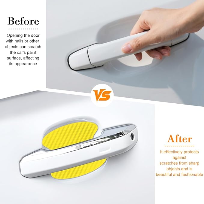 Car Door Handle Cup Scratch Protector, 4PCS 3D Carbon Fiber Vehicle Handle Bowl Sticker, Automotive Exterior Door Cup Protection Decal, Universal for SUV Caravan Automobile (Yellow)