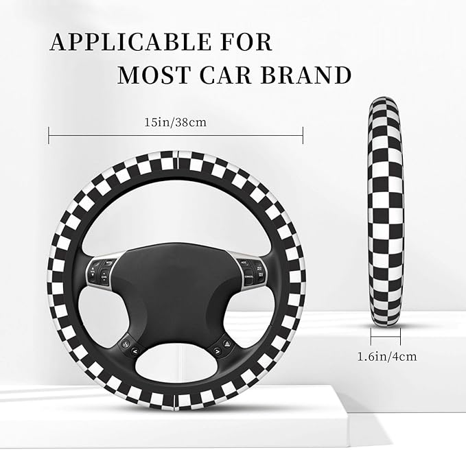 Black and White Checkered Steering Wheel Cover Rubber Anti-Slip 14.5-15 Inch Universal Steering Wheel Cover with 2 Pieces Car Coasters Suitable for Men Women