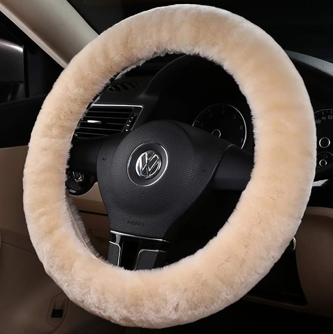 Soft Fluffy Warm Genuine Sheepskin Car Steering Wheel Cover, Fuzzy Fur Wool Protector for Winter Universal Car 14 1/2inch-15 1/2inch, Anti-Slip Comfortable Auto Accessories (Pearl)