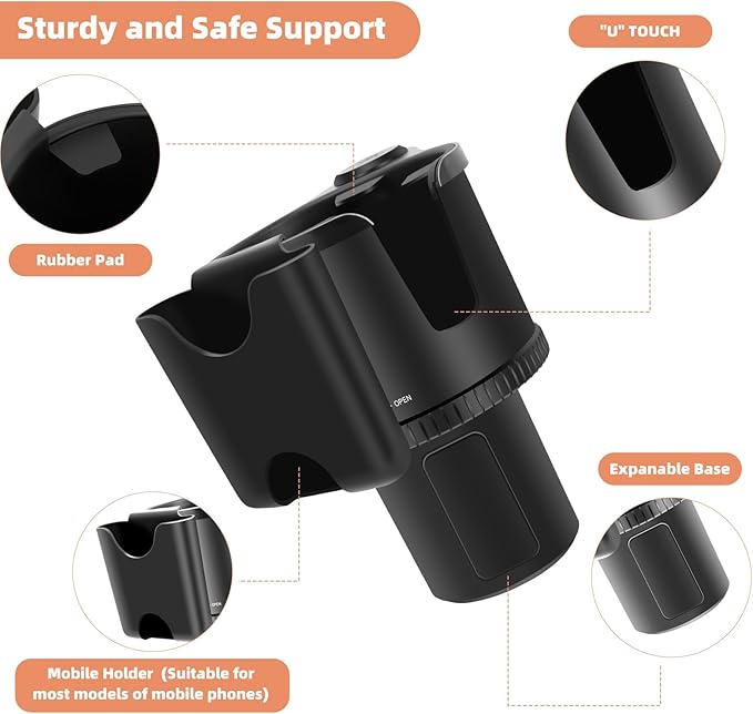 Car Cup Holder Expander with Phone Holder, 2 in 1 Big Cup Organizer with Adjustable Base, fits for Tumbler Cup 20-40oz Hydro Flask, Yeti, 3.4”-4.1” Cups