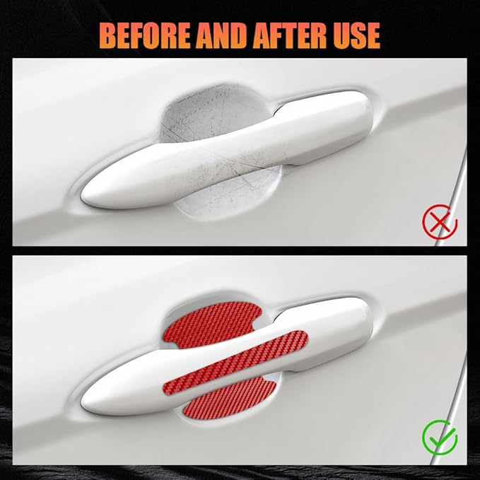 8PCS Car Door Handle Scratch Protectors, Car Door Handle Stickers, Carbon Fiber Texture Anti-Scratches Bowl Sticker, Car Door Handle Paint Guard Cover Universal for Most Car, Truck (Red)