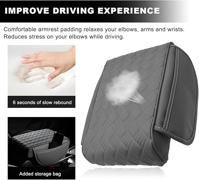 Car Center Console Cover, 12.6"×8.7" Waterproof Leather Auto Armrest Box Protector Elbow Pillow with Storage Pocket, Comfortable Memory Foam Arm Rest Box Cushion Pad, Car Accessories (Gray)
