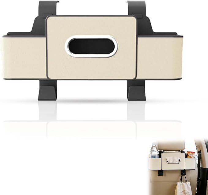 Car Organizers and Storage Box, Multifunctional Car Seat Back Storage Box with Tissue and Hook for Hold Phone Water Cup Handbag, Fits Most Vehicles (Beige,1PCS)
