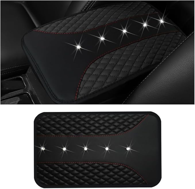 Mandark Bling Leather Car Center Console Cover, Crystal Rhinestone Vehicle Armrest Seat Box Protector, Waterproof Non-Slip Auto Arm Rest Decor Cushion, Universal for SUV, Truck, RV（Black）