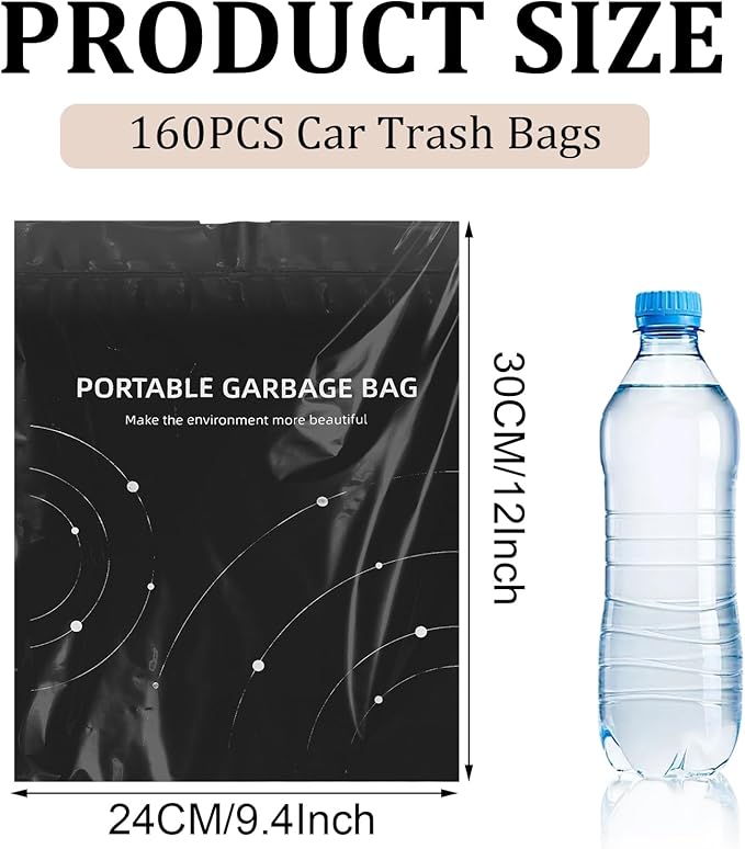 SHUESS 160 PCS Disposable Car Trash Bags, Drawstring Car Garbage Bags Self Adhesive, 9.4x12 Inches Small Trash Bag for Car Interior Hanging, Backseat, Kitchen, Travel
